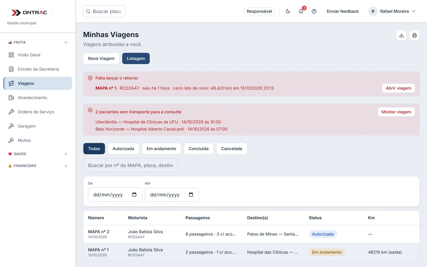 Lista de viagens da Frota no OnTrac, com a viagem montada a partir da agenda da Saúde